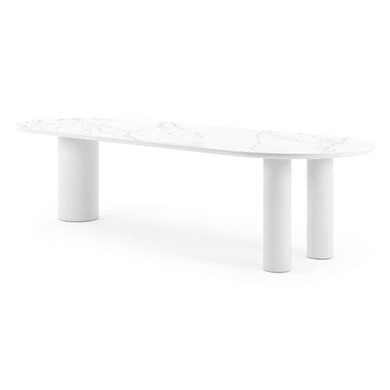 Table de jardin Organo oval en aluminium blanc et céramique pleine calacatta - Lg. 300 x Lrg. 110 x Haut. 74 cm