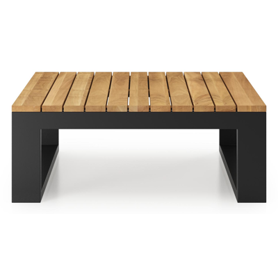 Table d'angle Verato en aluminium noir et teck naturel - Lg 88 x larg. 88 x H 31,5 cm