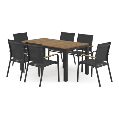 Varese tuinset in zwart aluminium en naturel teak tafelblad met 6 stapelbare Amalfi tuinstoelen