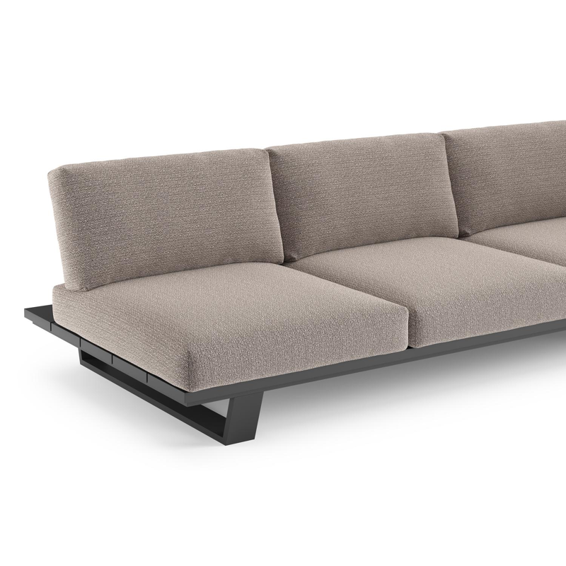 Canapé de jardin Pagino en aluminium noir et coussins en all weather sunbrella® luxe wander granite