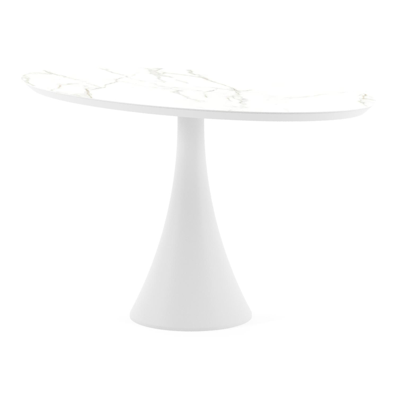 Table de jardin Fano oval en aluminium blanc et céramique pleine Calacatta - Lg. 140 x Lrg. 80 x Haut. 75 cm