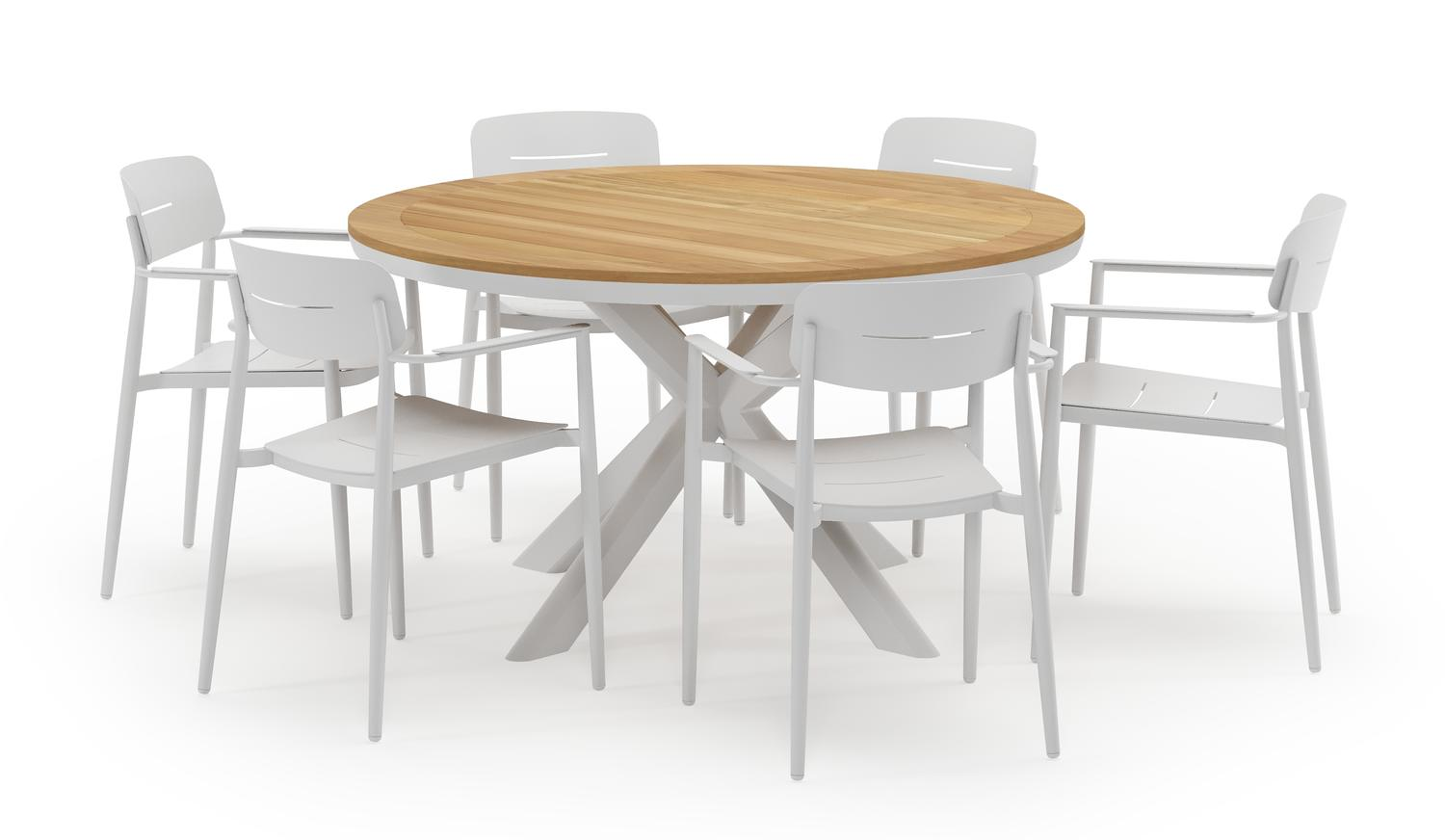 Pamplona ronde tuinset in wit aluminium en teak naturel met 6 Cosa tuinstoelen