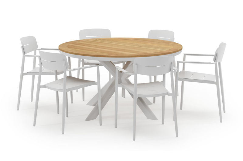 Pamplona ronde tuinset in wit aluminium en teak naturel met 6 Cosa tuinstoelen
