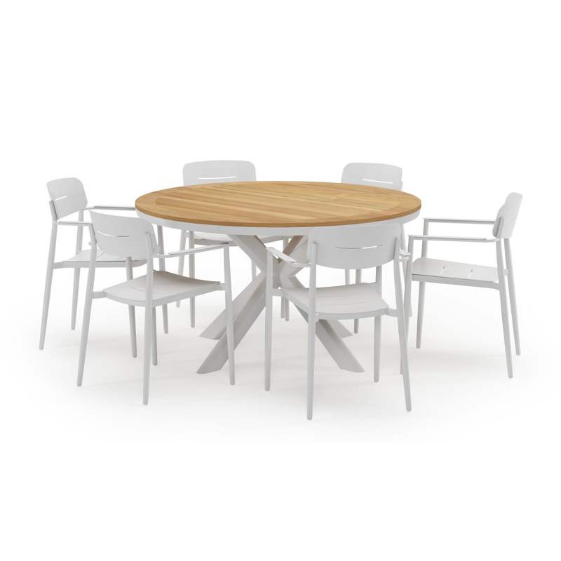 Pamplona ronde tuinset in wit aluminium en teak naturel met 6 Cosa tuinstoelen