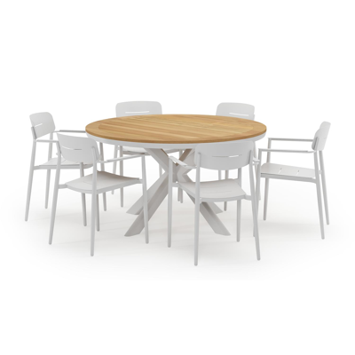 Pamplona ronde tuinset in wit aluminium en teak naturel met 6 Cosa tuinstoelen