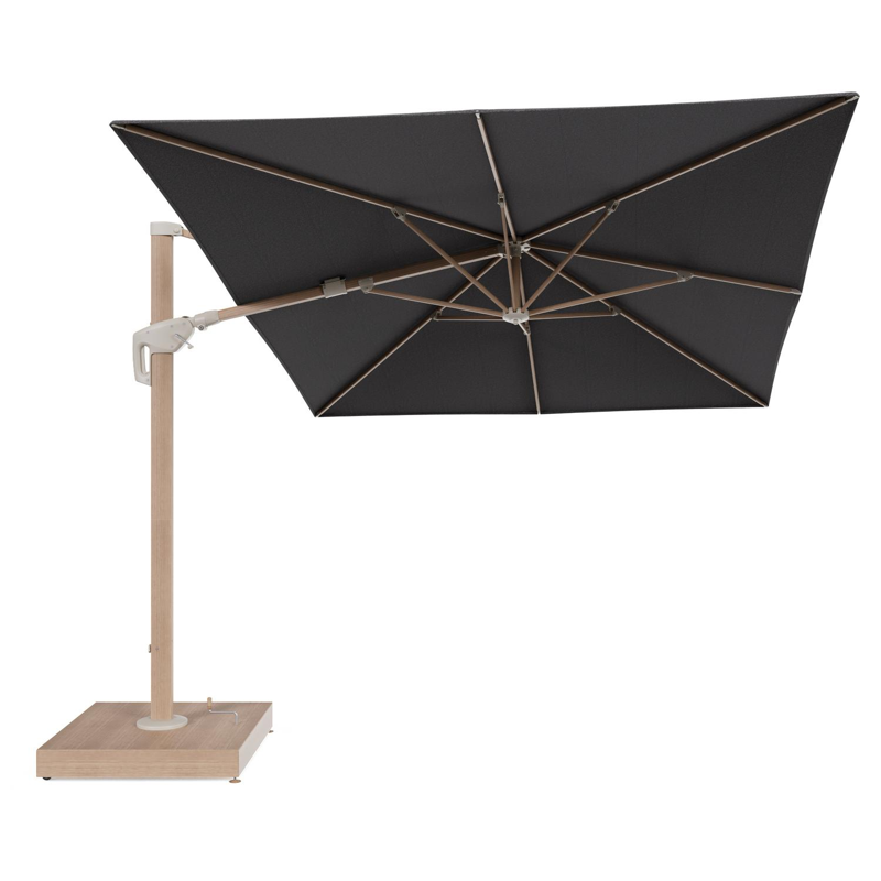 Minore zweefparasol met tiltfunctie in houtlook aluminium en Firenze Tunder All Weather Solica parasoldoek - L1 400 x L2 300 cm met parasolvoet Minore 260 kg met wielen