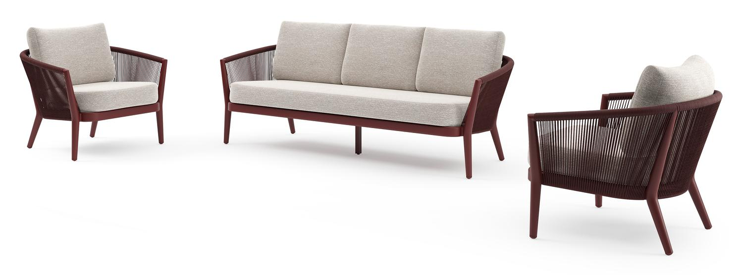 Orso loungeset in ruby aluminium en ruby verticaal geweven ronde rope met Tundra Sand all weather sunbrella® luxe kussen