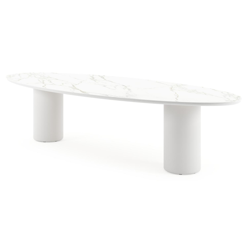 Table de jardin Amico oval en aluminium blanc et céramique pleine Calacatta - Lg. 320 x Lrg. 130 x Haut. 74 cm