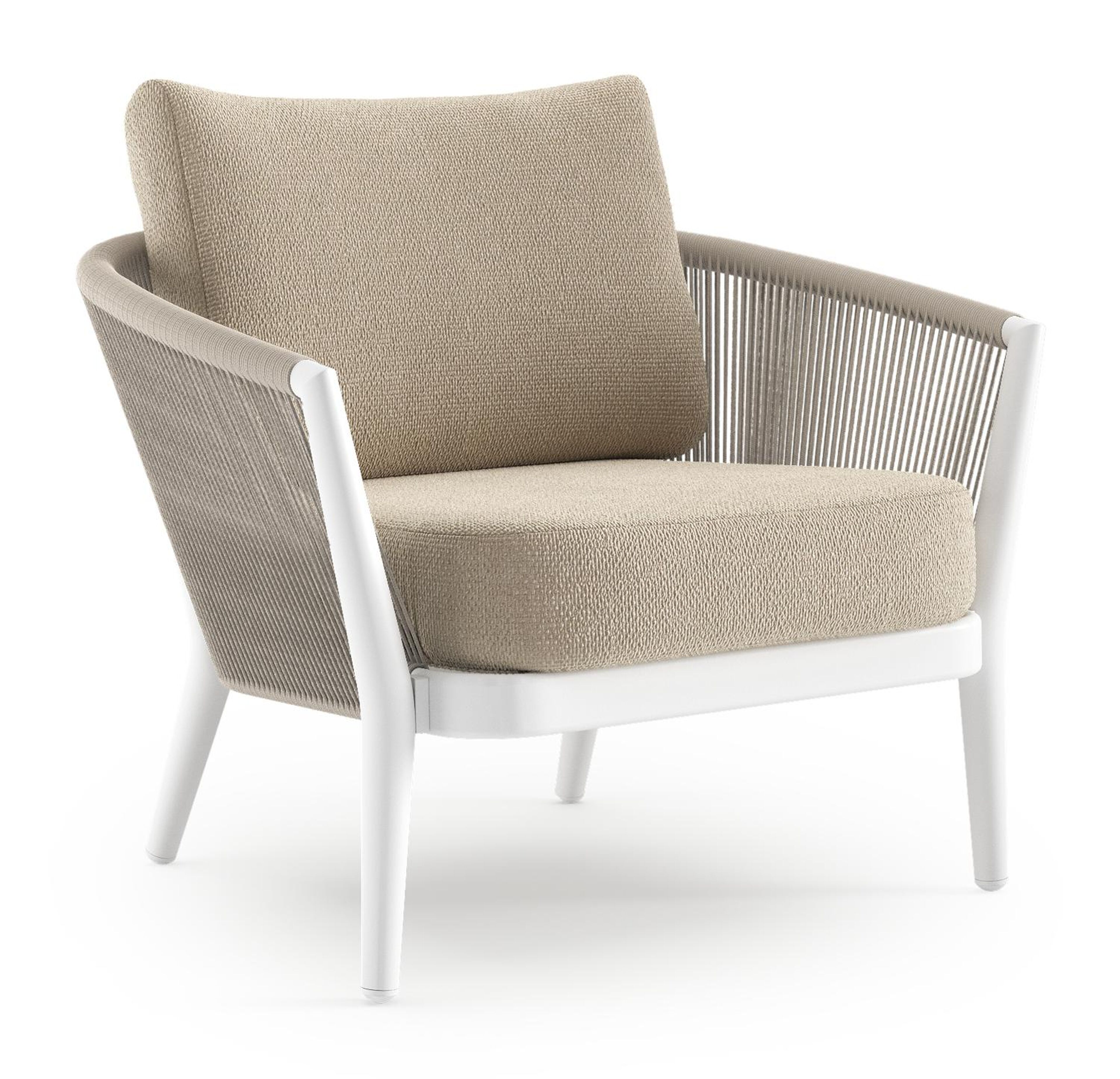 Fauteuil de jardin Orso en aluminium blanc en corde ronde tissée verticalement beige et coussins en all weather cosytica Althea Chalk