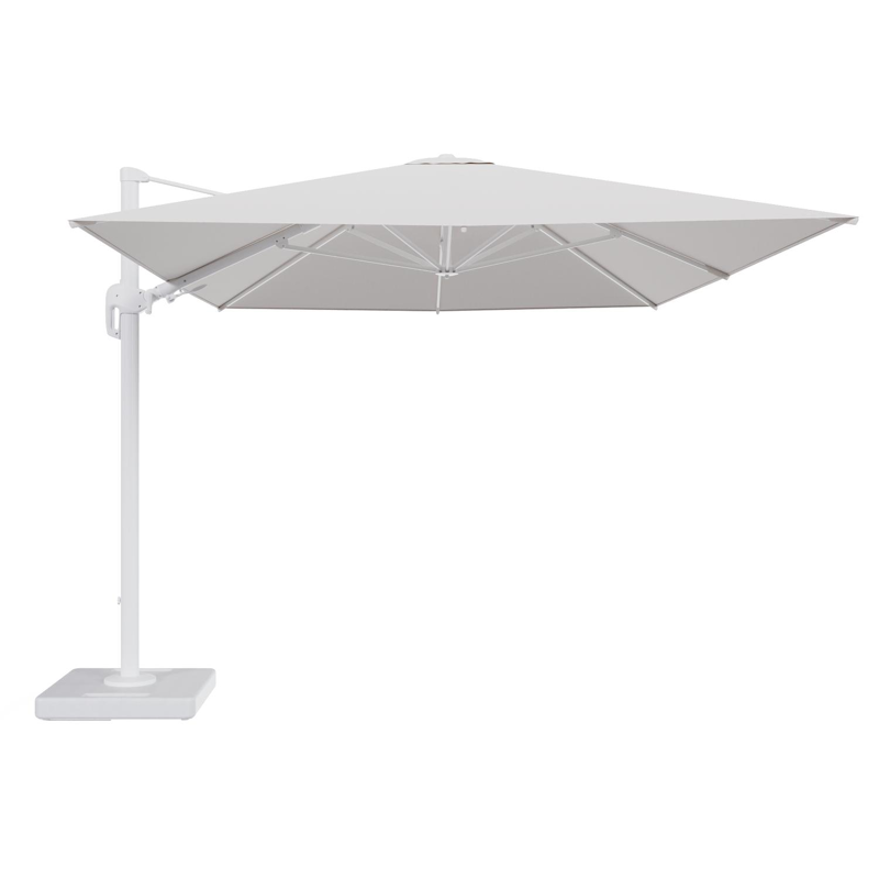 Parasol pendant Rufina avec fonction tilt en aluminium blanc et toile de parasol en All Weather Solica Ego Eggshell - Lg.1 400 x Lg.2 300 cm avec pied de parasol Lapido 160 kg