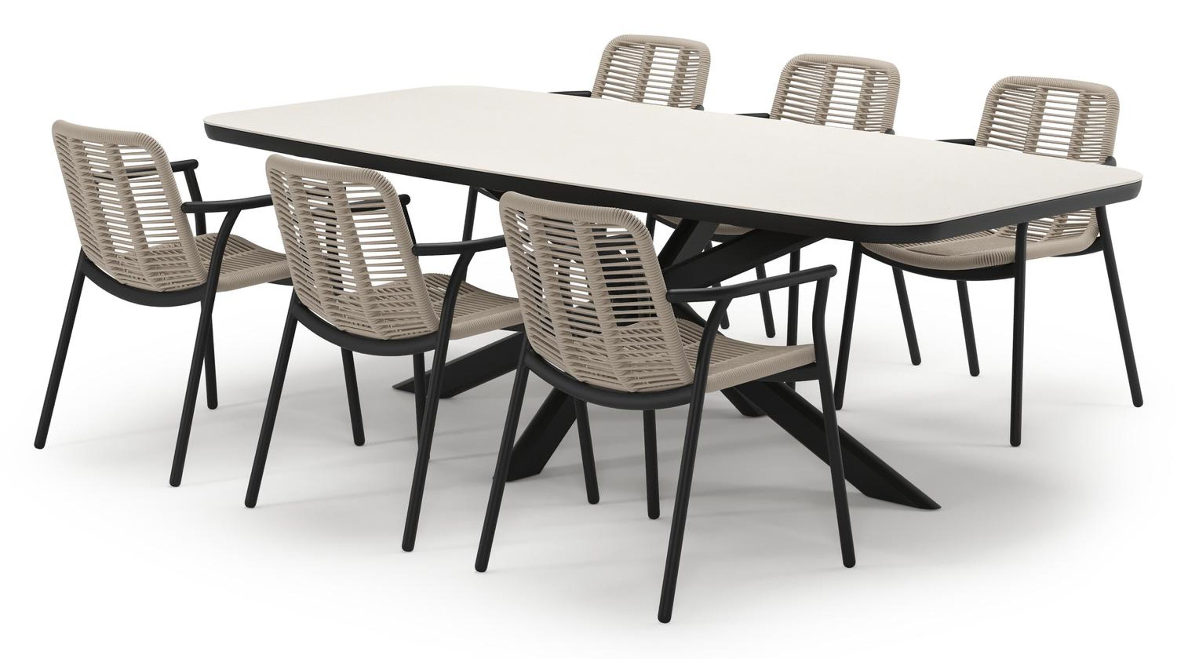 Pamplona tuinset in zwart aluminium en crema minerale sintered stone met 6 stapelbare Berga tuinstoelen