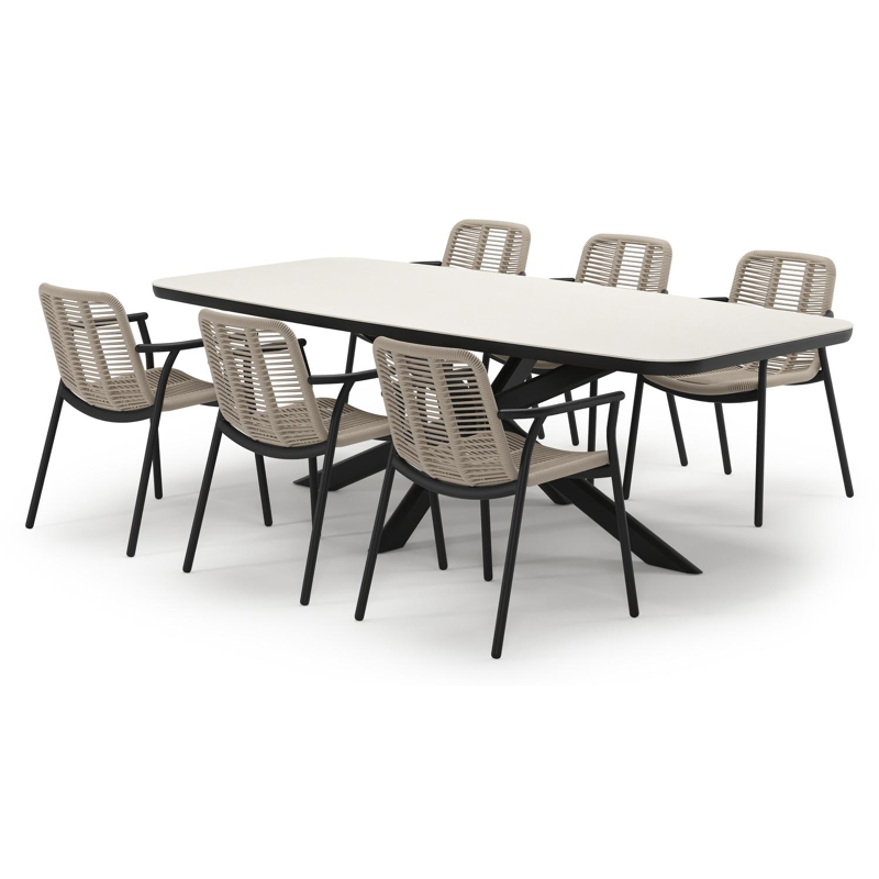 Pamplona tuinset in zwart aluminium en crema minerale sintered stone met 6 stapelbare Berga tuinstoelen