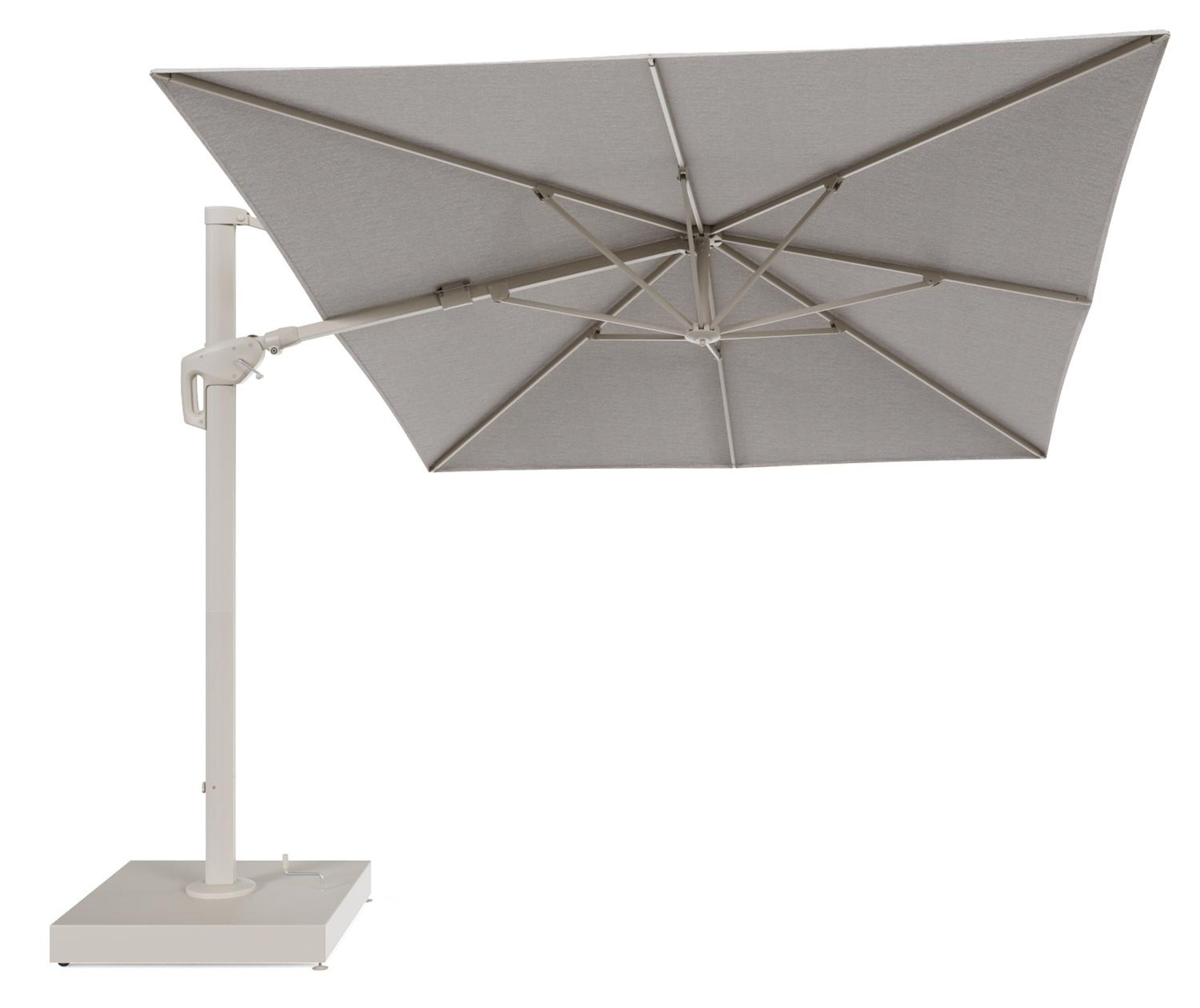 Minore zweefparasol met tiltfunctie in beige aluminium en Tundra Sand All Weather Sunbrella® Luxe parasoldoek - L1 400 x L2 300 cm met parasolvoet Minore 260 kg met wielen