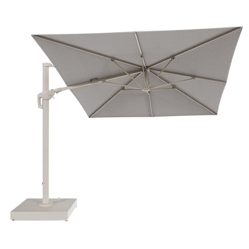 Minore zweefparasol met tiltfunctie in beige aluminium en Tundra Sand All Weather Sunbrella® Luxe parasoldoek - L1 400 x L2 300 cm met parasolvoet Minore 260 kg met wielen