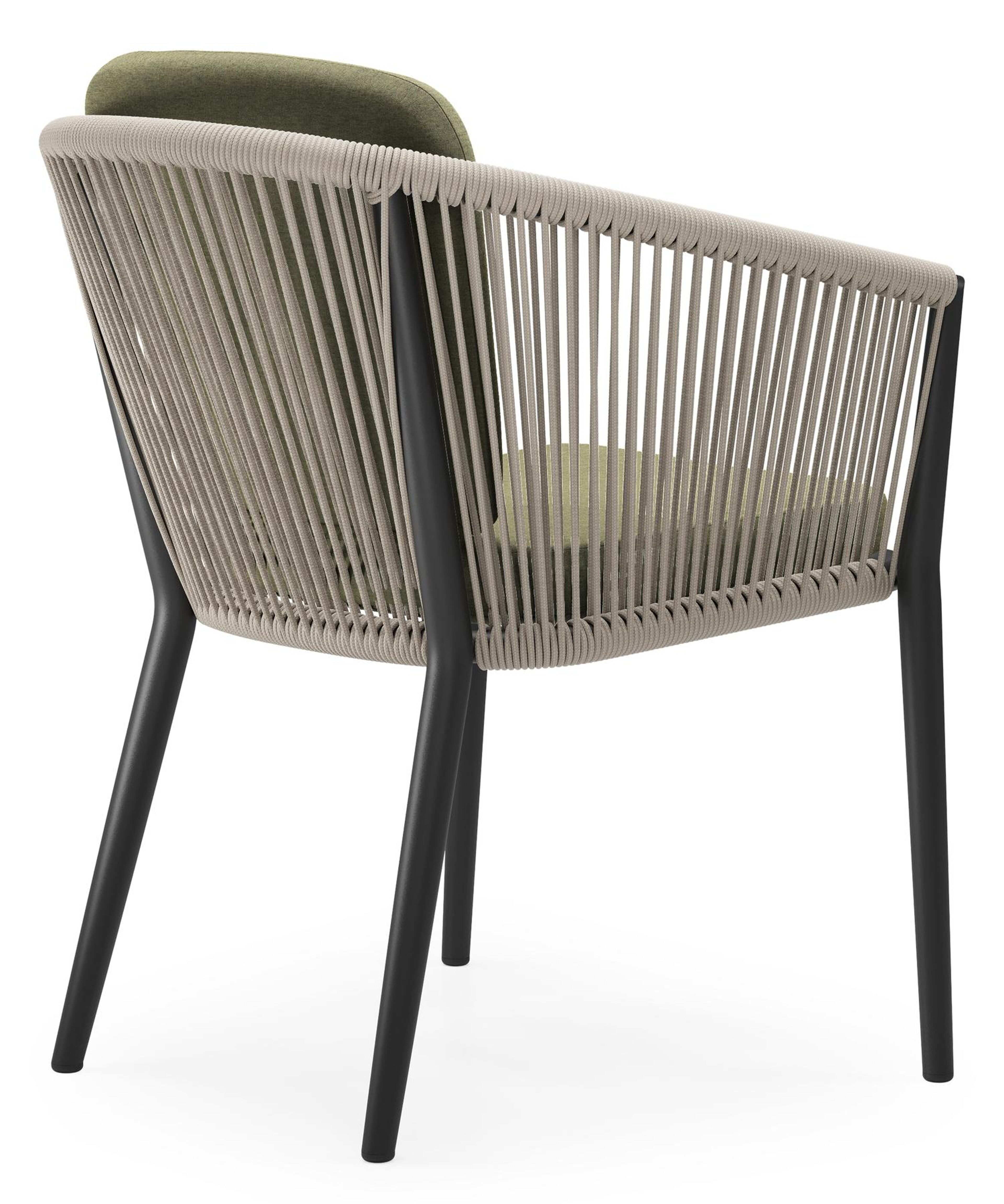 Orso tuinstoel in zwart aluminium en beige verticaal geweven ronde rope met zitkussen in All Weather Sunbrella® Luxe Heritage Leaf