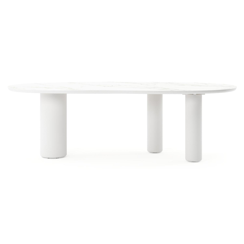 Table de jardin Amico organique en aluminium blanc et céramique pleine Calacatta - Lg. 240 x Lrg. 110 x Haut. 74 cm