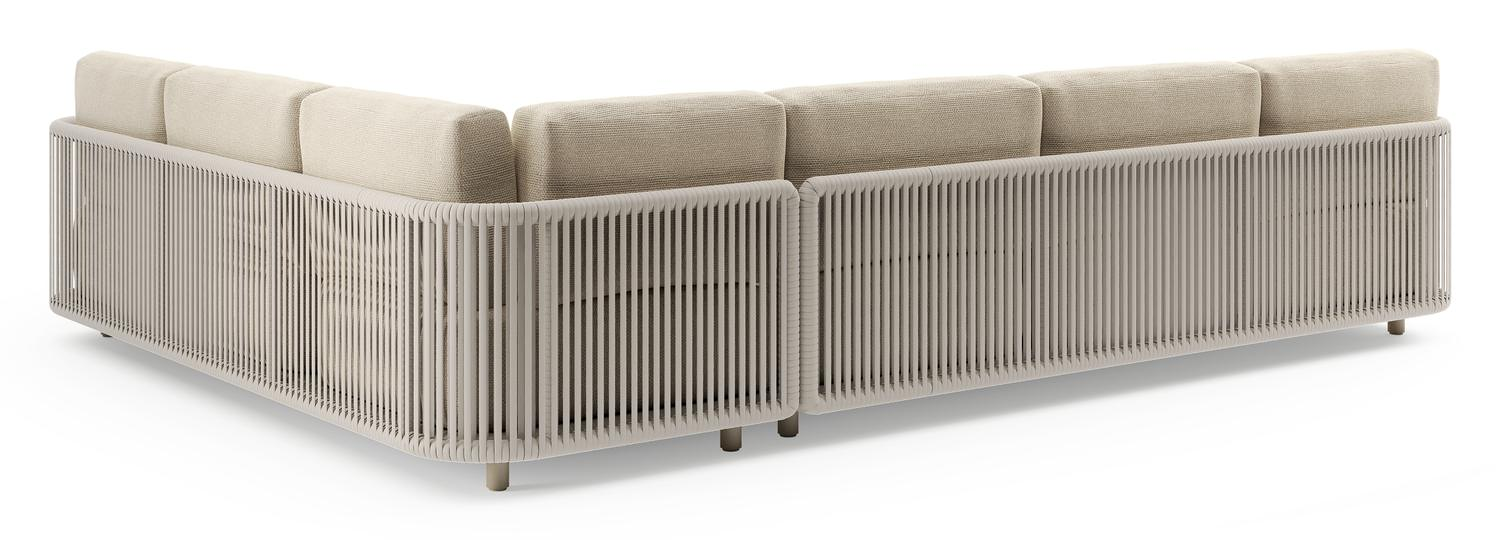 Organo loungehoek in beige aluminium en beige verticaal geweven luxe vlakke rope met althea camel all weather Cosytica kussen