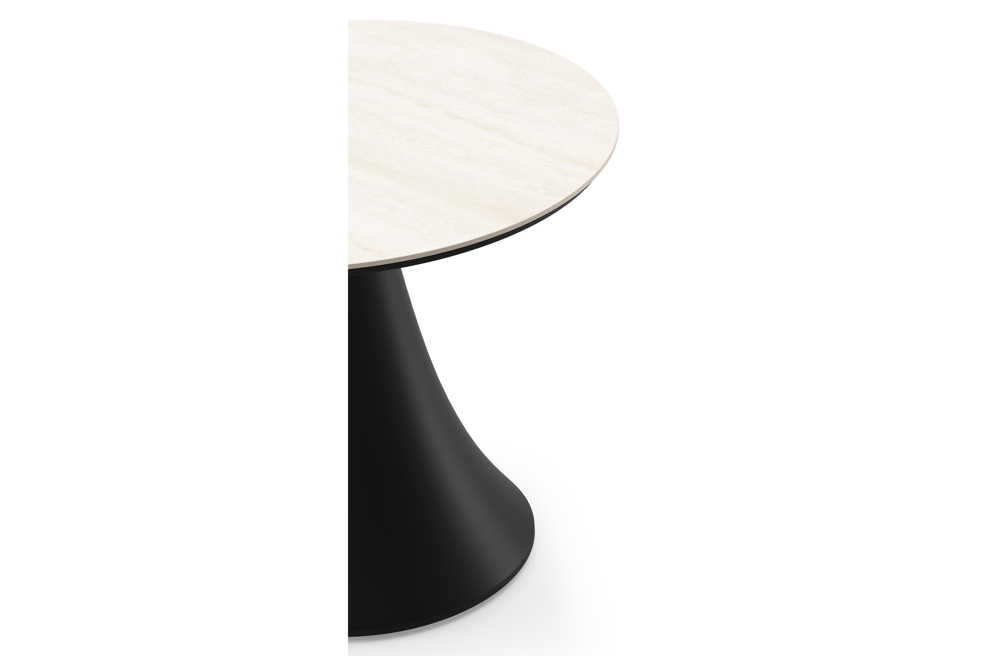 Table de basse low dining Fano ronde en aluminium noir et céramique pleine Travertino Bianco - Diam. 65 x Haut. 55 cm