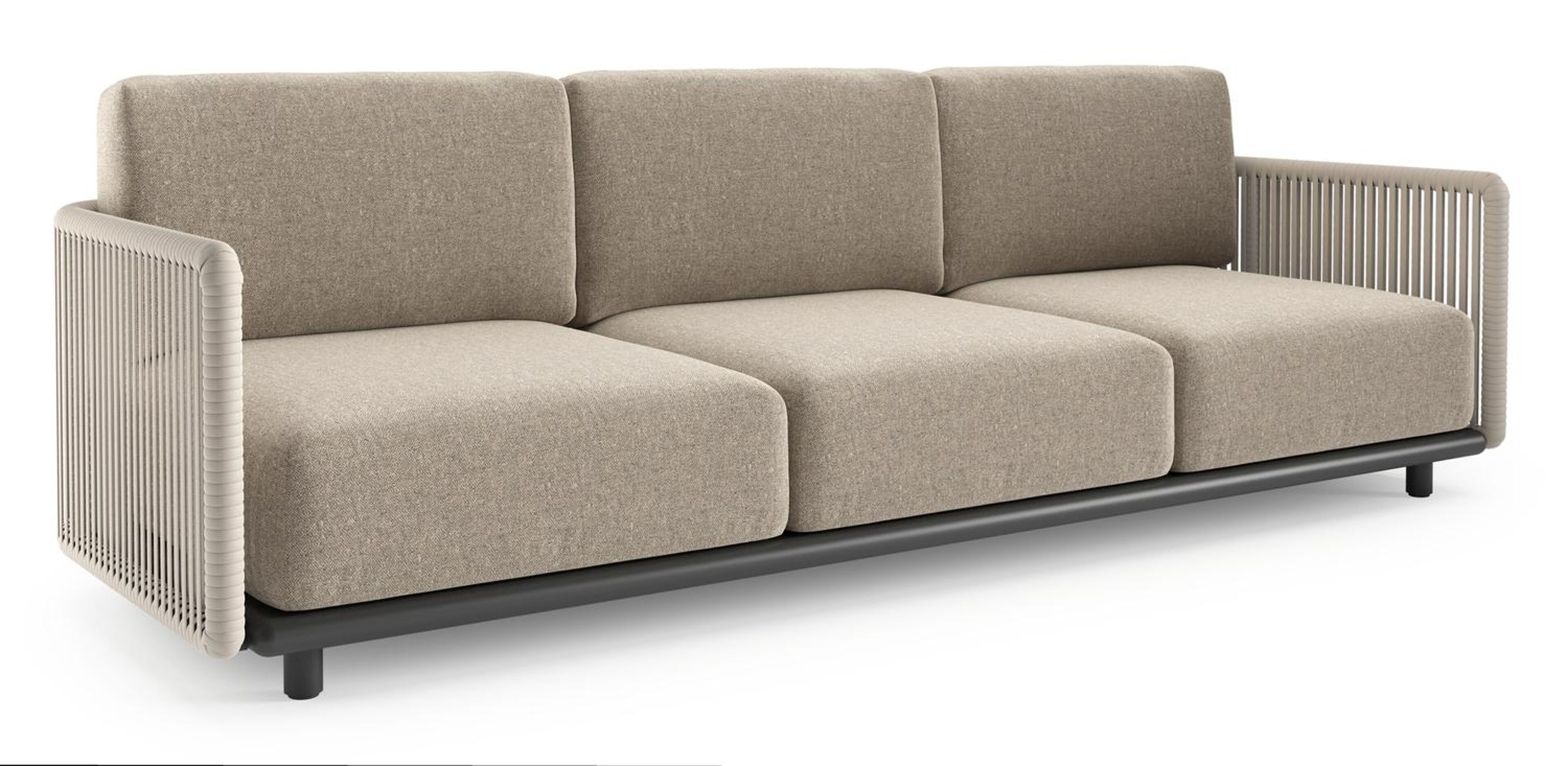 Organo loungebank in zwart aluminium en beige verticaal geweven luxe vlakke rope met chartres pewter all weather Sunbrella® luxe kussen