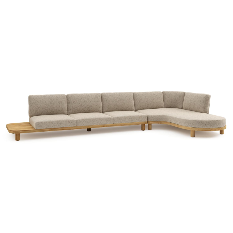 Donato loungehoek in teak en beige verticaal geweven ronde rope met all weather cosytica Bora Jungle kussen