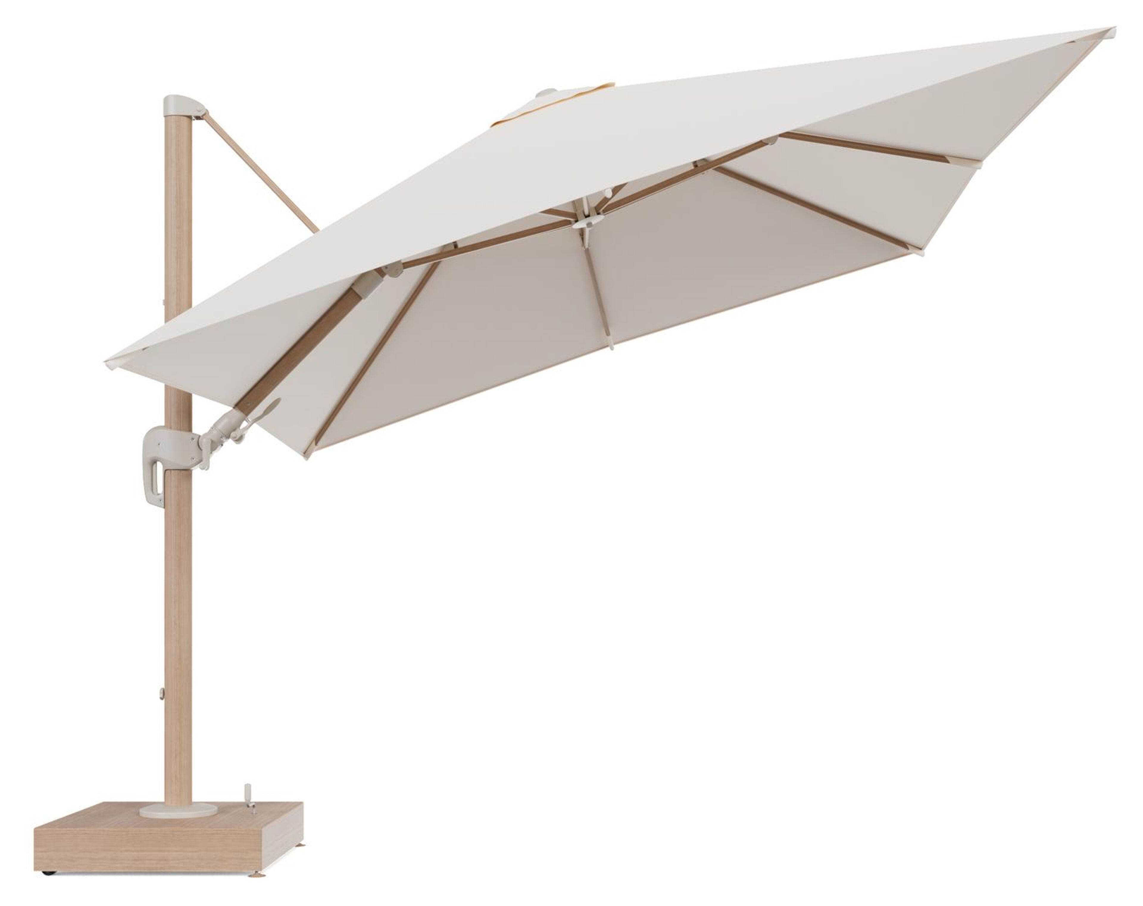 Rufina zweefparasol met tiltfunctie in houtlook aluminium en Natte Linen Chalk All Weather Sunbrella® Luxe parasoldoek - L1 300 x L2 300 cm met parasolvoet Minore 150 kg met wielen