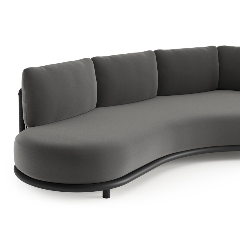 Lomano loungebank in zwart aluminium en zwart verticaal geweven luxe vlakke rope met natte charcoal chine all weather sunbrella® luxe kussen