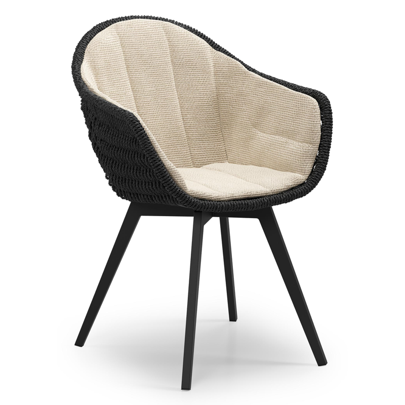 Pagino tuinstoel in zwart aluminium en zwart ronde wicker met zitkussen in All Weather Cosytica Althea Chalk
