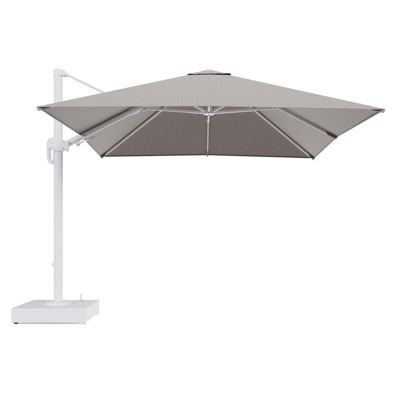 Rufina zweefparasol met tiltfunctie in wit aluminium en Wander Granite All Weather Sunbrella® Luxe parasoldoek - L1 300 x L2 300 cm met parasolvoet Minore 150 kg met wielen