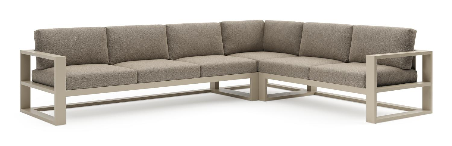 Verato loungehoek in beige aluminium met madagascar burch all weather cosytica kussen