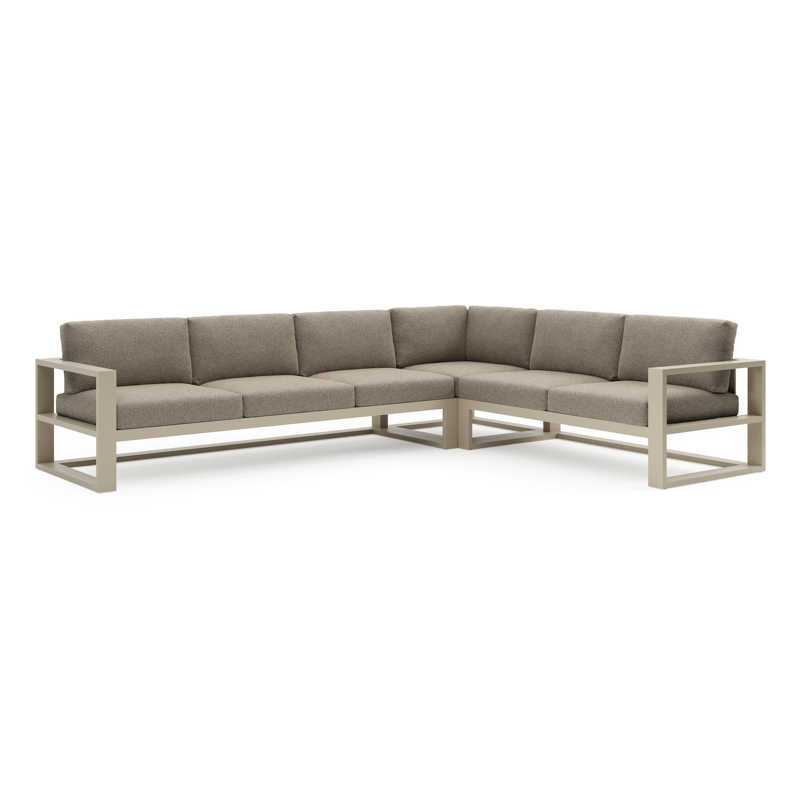 Verato loungehoek in beige aluminium met madagascar burch all weather cosytica kussen