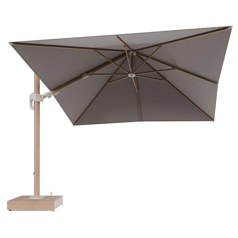 Rufina zweefparasol met tiltfunctie in houtlook aluminium en Wander Granite All Weather Sunbrella® Luxe parasoldoek - L1 300 x L2 300 cm met parasolvoet Minore 150 kg met wielen