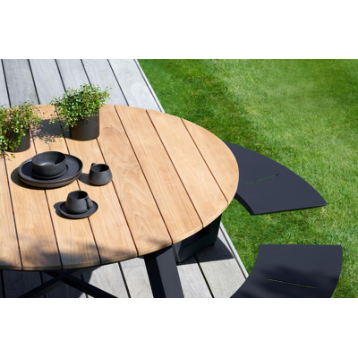 Rondino picknicktafel in zwart aluminium en teak tafelblad - Ø 236 x H 71,5 cm