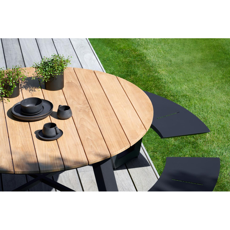 Table de pique-nique Rondino en aluminium noir et teck - Dia. 236 x H 71,5 cm
