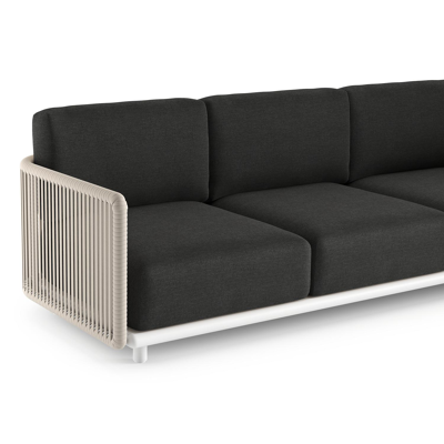 Organo loungebank in wit aluminium en beige verticaal geweven luxe vlakke rope met chartres sooty all weather Sunbrella® luxe kussen