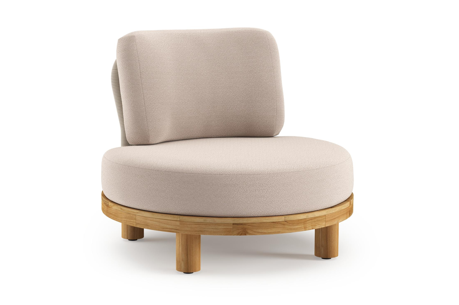 Donato loungestoel in teak en beige verticaal geweven ronde rope met all weather sunbrella® luxe Wander Pilat kussen