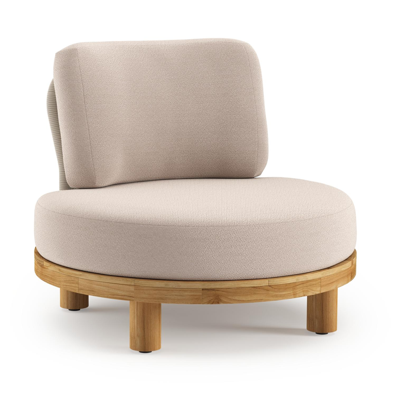 Donato loungestoel in teak en beige verticaal geweven ronde rope met all weather sunbrella® luxe Wander Pilat kussen