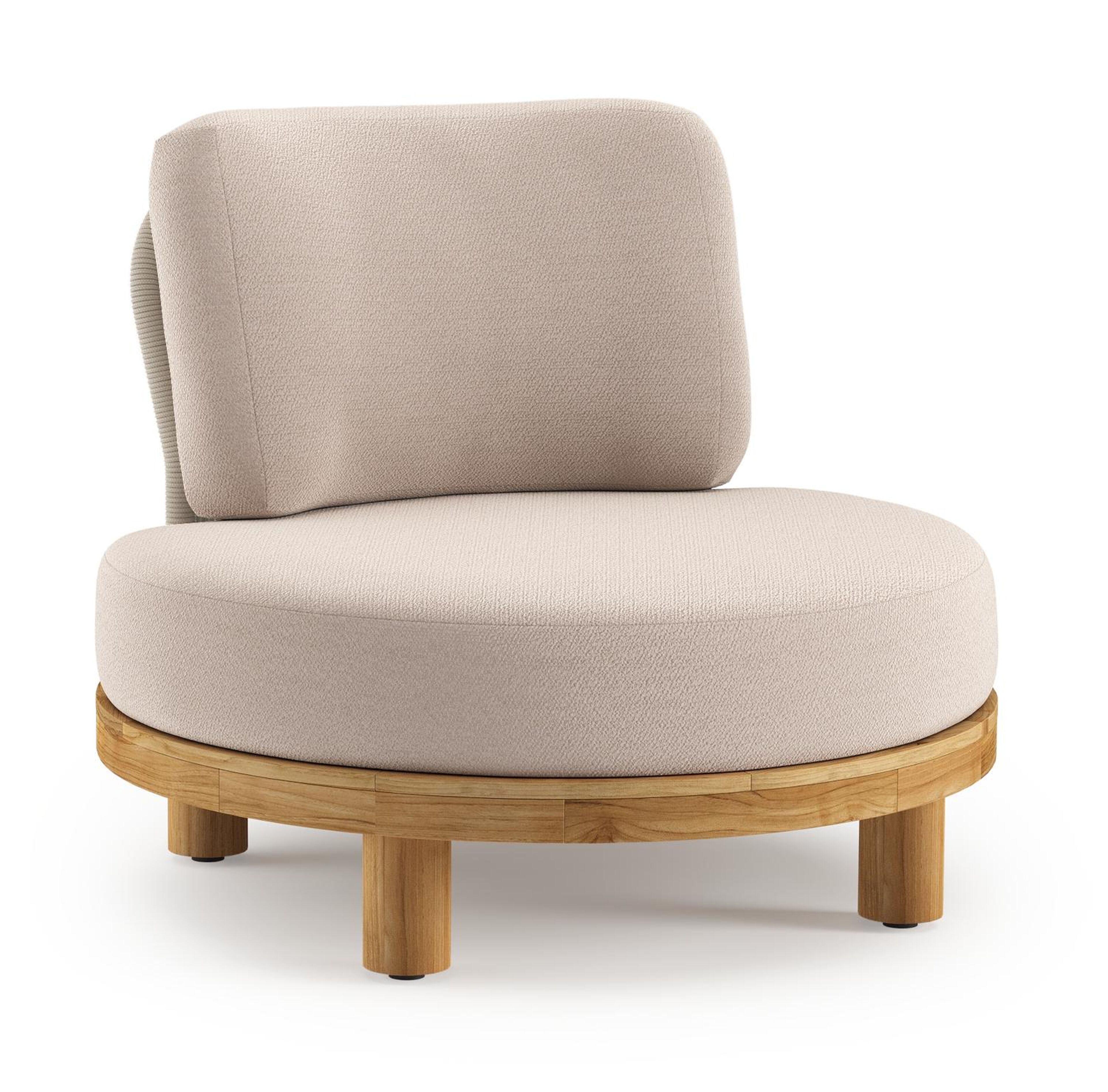 Donato loungestoel in teak en beige verticaal geweven ronde rope met all weather sunbrella® luxe Wander Pilat kussen