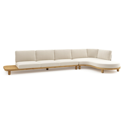 Donato loungehoek in teak en beige verticaal geweven ronde rope met all weather cosytica Althea Off White kussen