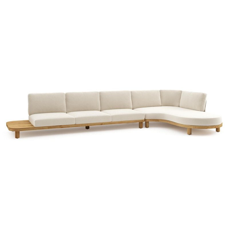 Donato loungehoek in teak en beige verticaal geweven ronde rope met all weather cosytica Althea Off White kussen
