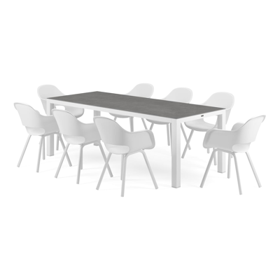 Ensemble de jardin Varese en aluminium blanc avec plateau de table en céramique pleine gris et 8 chaises de jardin Artena