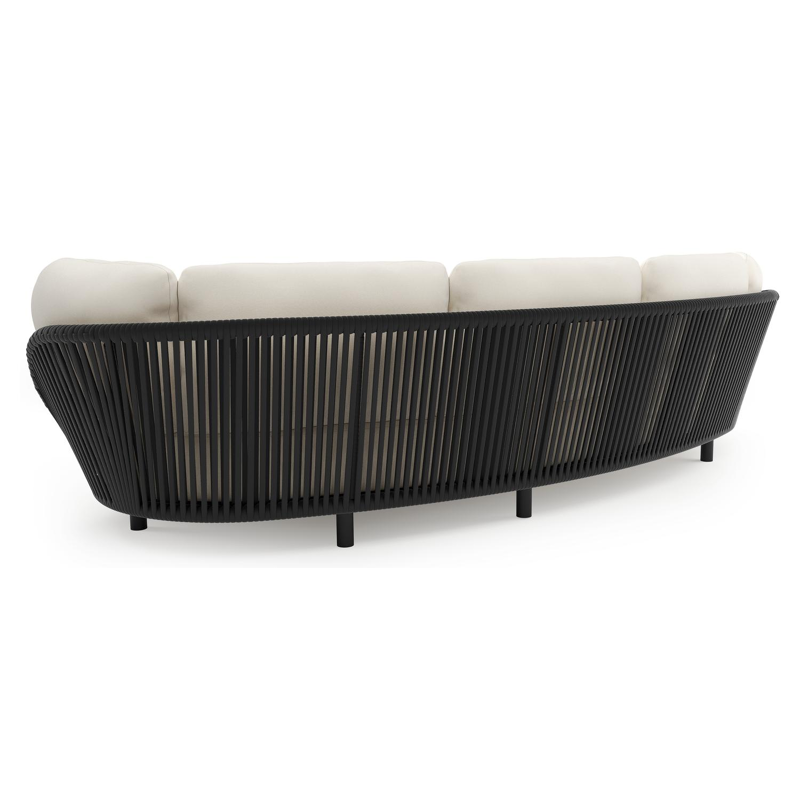 Canapé de jardin Lupino en aluminium noir et corde large plate de luxe tissée verticalement noir et coussins en all weather sunbrella® luxe natte white