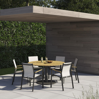 Lagos tuinset in zwart aluminium en naturel polywood tafelblad met 6 stapelbare Bahia tuinstoelen