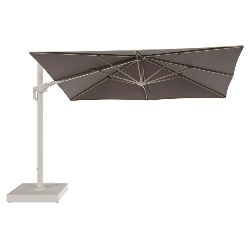 Parasol pendant Minore avec fonction tilt en aluminium beige et toile de parasol All Weather Solica Firenze Earth - Lg.1 280 Lg.2 370 cm avec pied de parasol Minore 260 kg avec roulettes