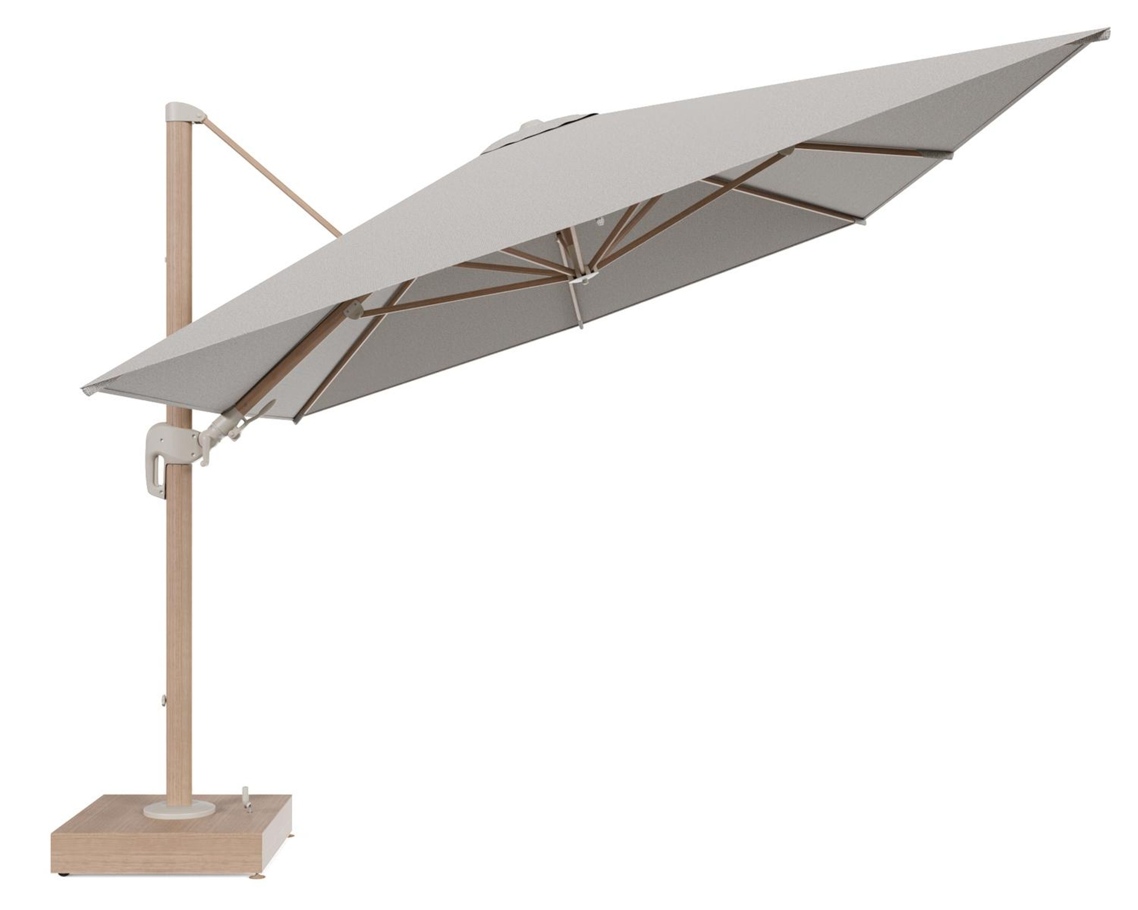 Rufina zweefparasol met tiltfunctie in houtlook aluminium en Firenze Sand All Weather Solica parasoldoek - L1 400 x L2 300 cm met parasolvoet Minore 150 kg met wielen