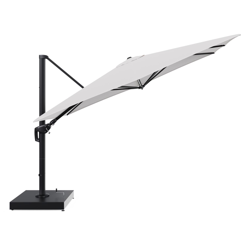 Minore zweefparasol met tiltfunctie in zwart aluminium en Ego Eggshell All Weather Solica parasoldoek - L1 280 x L2: 370 cm met parasolvoet Minore 260 kg met wielen