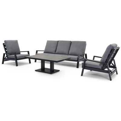 Veneto loungeset met verstelbare rugleuning in zwart aluminium met grijs weather+ softtouch kussens