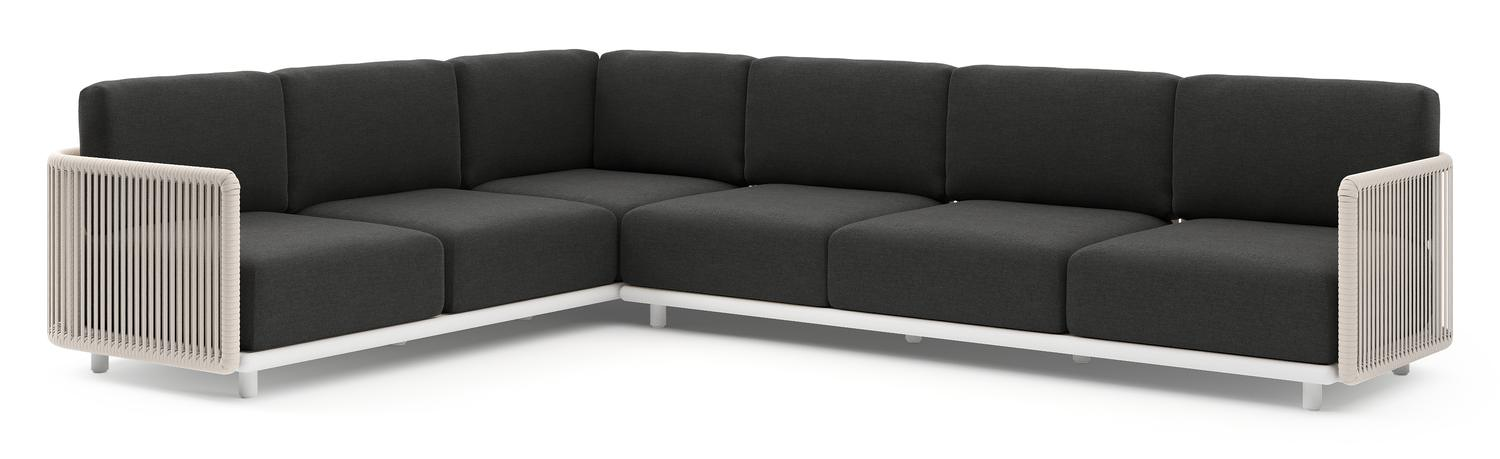 Salon de jardin d'angle Organo en aluminium blanc et corde luxe plate tissée verticalement beige et coussin en all weather Sunbrella® luxe chartres sooty