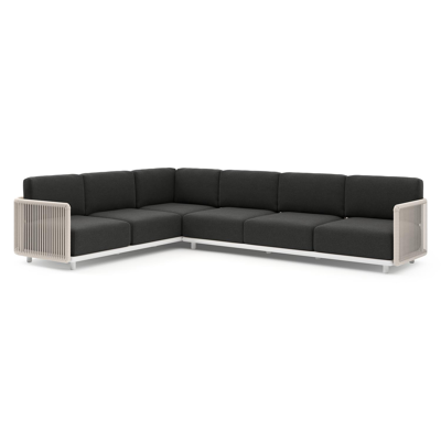 Organo loungehoek in wit aluminium en beige verticaal geweven luxe vlakke rope met chartres sooty all weather Sunbrella® luxe kussen