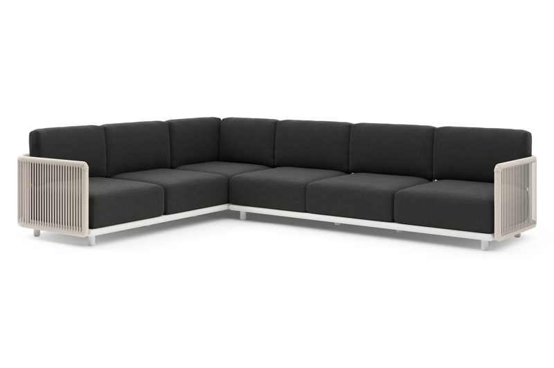 Organo loungehoek in wit aluminium en beige verticaal geweven luxe vlakke rope met chartres sooty all weather Sunbrella® luxe kussen