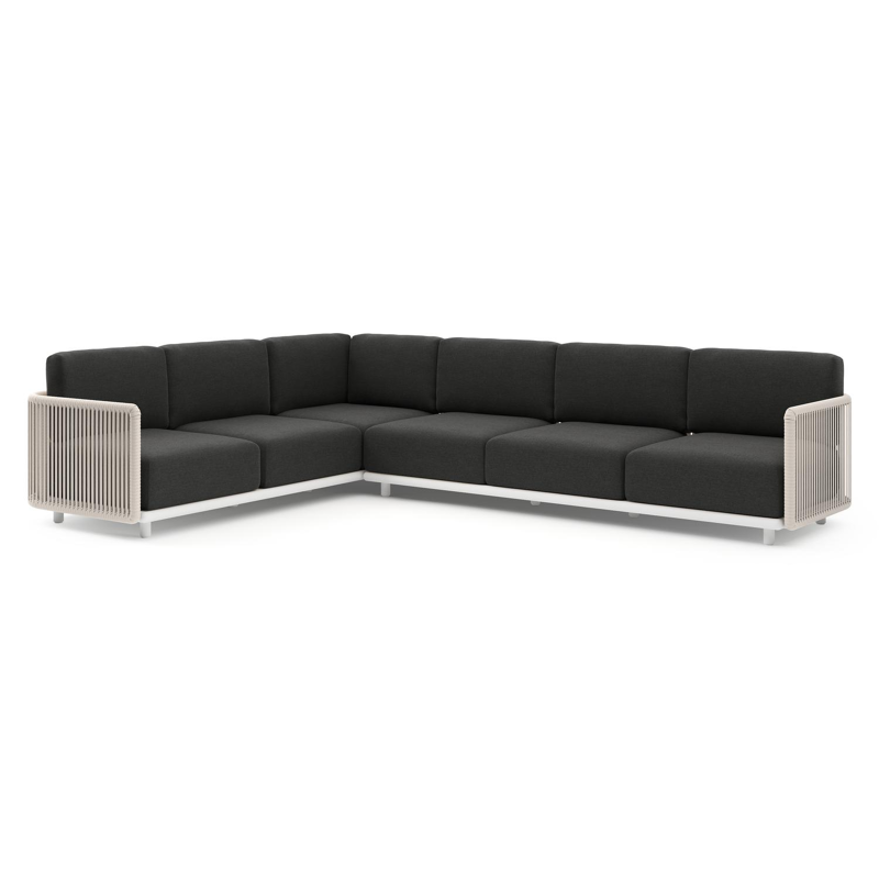 Organo loungehoek in wit aluminium en beige verticaal geweven luxe vlakke rope met chartres sooty all weather Sunbrella® luxe kussen